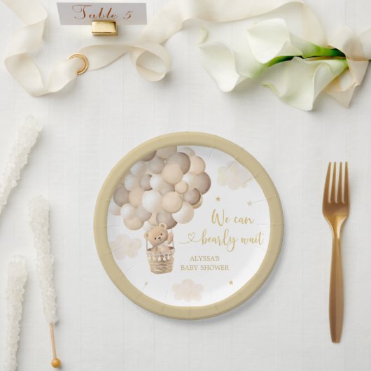 Gouden Teddybeer Hete Luchtballon Baby shower Papieren Bordje (Huwelijk)