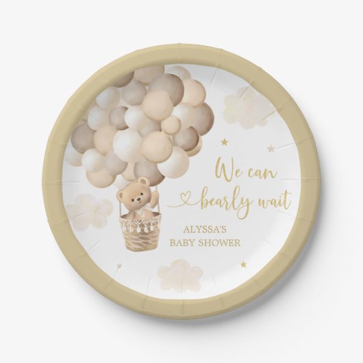 Gouden Teddybeer Hete Luchtballon Baby shower Papieren Bordje (Voorkant)