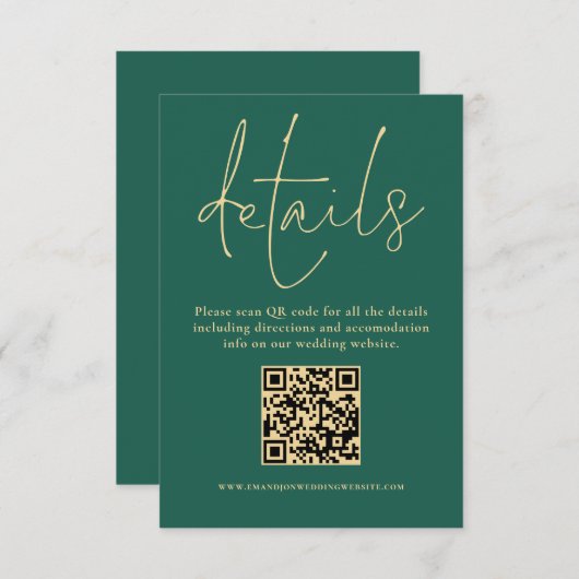 Gouden Tekst QR Code Huwelijk Smaragdgroen Details Informatiekaartje (Voorkant / Achterkant)