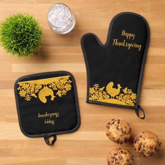 Gouden Thanksgiving Turkije Bloemen Ovenwant & Pannenlap Set (Top down)