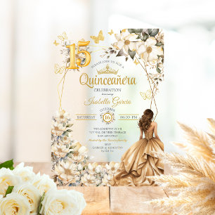 Gouden Tiara Bloem Beige Vlinders Quinceañera Acryl Uitnodigingen