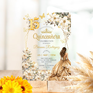 Gouden Tiara Bloemengebonden Beige Quinceañera  Acryl Uitnodigingen
