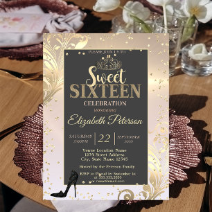 Gouden Tiara Hoge Hak Sweet Diamonds 16 Feestje Kaart