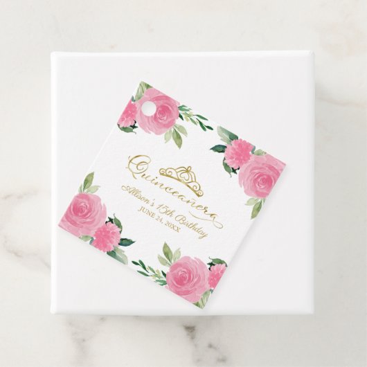 Gouden Tiara Hot Roze Bloemen Quinceanera Bedankjes Labels (In situ)