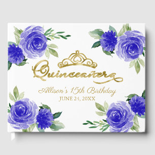 Gouden Tiara Koninklijk Blauwe Bloemige Quinceaner Gastenboek