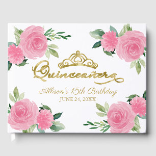 Gouden Tiara Roze Heet Roze Bloemige Quinceanera Gastenboek