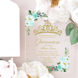 Gouden Tiara Turquoise Bloemen Quinceañera Acryl Uitnodigingen