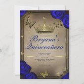 Gouden Tiara vlinders Blauwe Rozen Quinceañera Kaart (Voorkant)