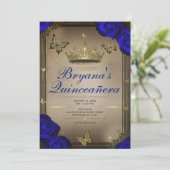 Gouden Tiara vlinders Blauwe Rozen Quinceañera Kaart (Staand voorkant)