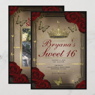 Gouden Tiara Vlinders Donkerrode Rozen Sweet 16 Fo Kaart