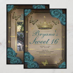 Gouden Tiara Vlinders Turkoois Rozen Sweet 16 Kaart