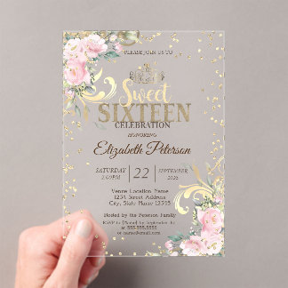 Gouden Tiara Zoete Diamanten Bloemen 16 Feestje Acryl Uitnodigingen
