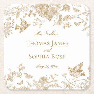 Gouden Toile De Jouy  Bloemen Huwelijk Vierkante Kartonnen Onderzetter