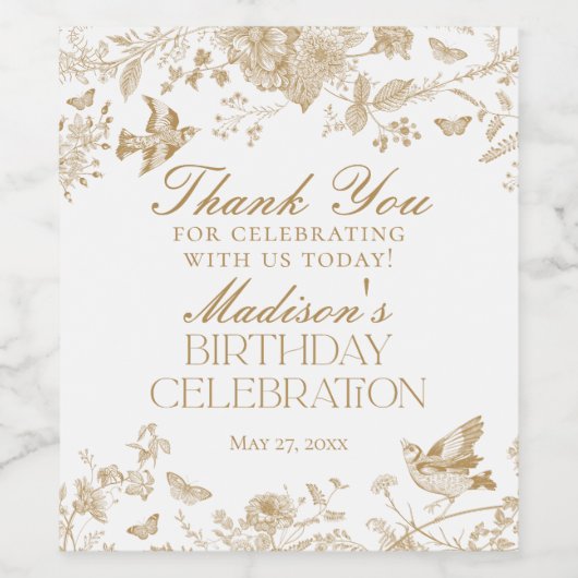 Gouden Toile De Jouy Bloemen Verjaardagsfeest Favo Wijn Etiket (Enkel label)