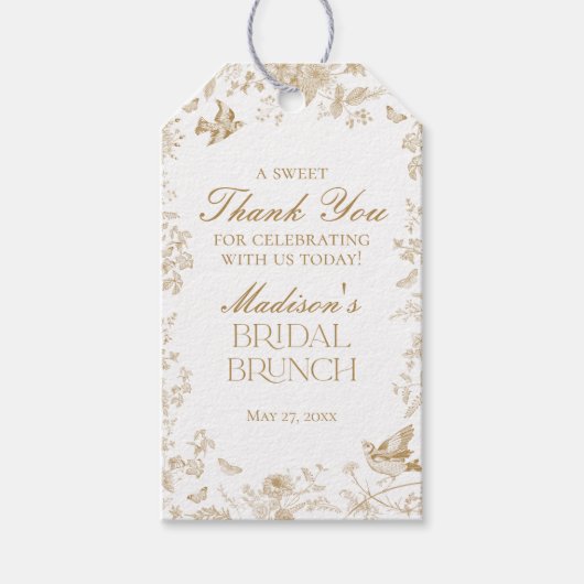 Gouden Toile De Jouy Bloemrijke Bruidsbrunch Favor Cadeaulabel (Voorkant)