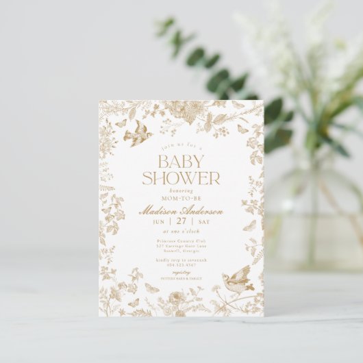 Gouden Toile De Jouy Franse Bloemen Baby shower Briefkaart (Staand voorkant)