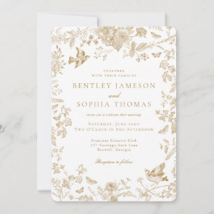 Gouden Toile De Jouy Franse Bloemen Huwelijk Kaart