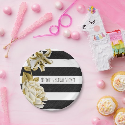 Gouden Tone Bloemen Zwart & Wit Gestreept Papieren Bordje (Feest)