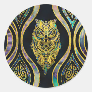 Gouden Tribal Uil op Boho Abalone Patroon Ronde Sticker