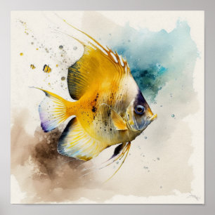 Gouden Tropische Vis met Zachte Teal Waterverf Poster
