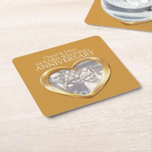 Gouden trouwdag hart foto onderzetters (Schuin)