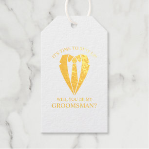 Gouden Trouwpak en Stropdas Groomsman Voorstel Cadeaulabels