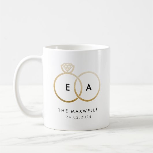 Gouden trouwring Monogram met datum Koffiemok (Links)