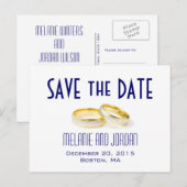 Gouden Trouwringen Blauw Save the Date Briefkaarte Aankondigingskaart (Voorkant / Achterkant)