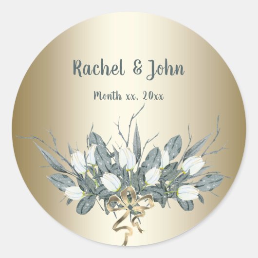 Gouden trouwstickers met witte tulpen ronde sticker (Voorkant)