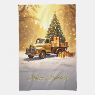 Gouden Truck Kerstboom Vakantie Keuken Handdoek