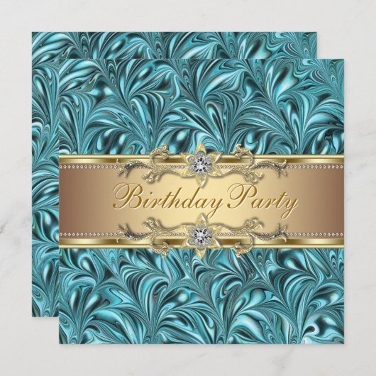 Gouden Turquoise Blauwe Verjaardagsfeest Uitnodigi Kaart (Voorkant / Achterkant)