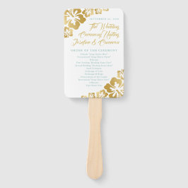 Gouden Turquoise Hibiscus Tropisch huwelijksprogra Handwaaier