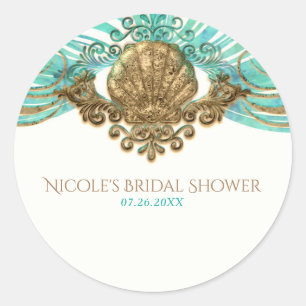 Gouden & Turquoise Zee Schelp Glam Strand Elegant  Ronde Sticker