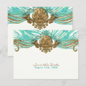 Gouden & Turquoise Zee Schelp Glam Strand Save the Aankondigingskaart (Voorkant / Achterkant)