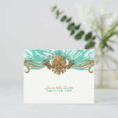 Gouden & Turquoise Zee Schelp Glam Strand Save the Aankondigingskaart (Staand voorkant)