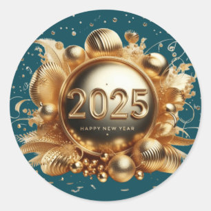 Gouden typografie Gelukkig Nieuwjaar 2025 Ronde Sticker