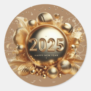 Gouden typografie Gelukkig Nieuwjaar 2025 Ronde Sticker