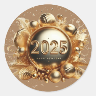 Gouden typografie Gelukkig Nieuwjaar 2025 Ronde Sticker