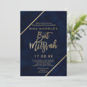 Gouden typografie marineblauwe waterverf Bat Mitzv Kaart (Staand voorkant)