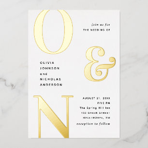 Gouden typografie moderne trouw + details folie uitnodiging