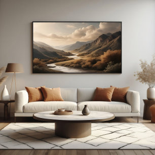 Gouden Uur Berg Rivier Vallei Landschap Canvas Afdruk