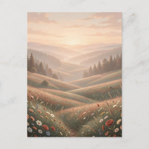 Gouden Uur Bloemenweide Rollende Heuvels Zonsonder Briefkaart