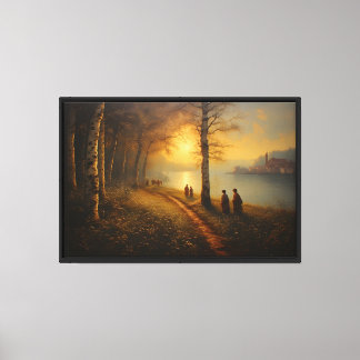 Gouden uur figuren bij rivieroever canvas afdruk