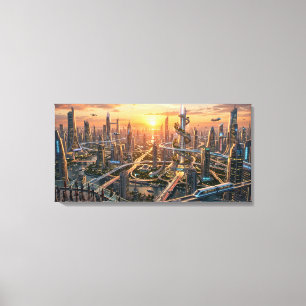 Gouden Uur Futuristische Stadslandschap – Sci-Fi Canvas Afdruk