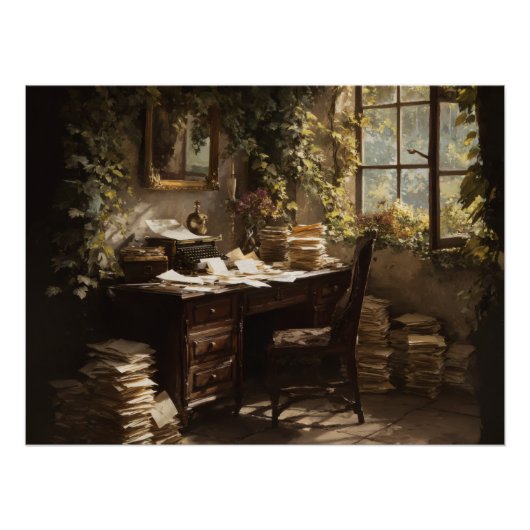 Gouden uur vintage studeerkamerbureau perfect poster (Voorkant)
