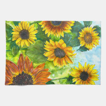 Gouden Uur Zonnebloem Aquarel Kunst Keukenhanddoek
