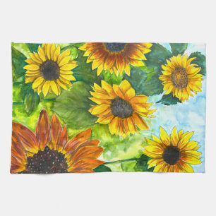 Gouden Uur Zonnebloem Aquarel Kunst Keukenhanddoek