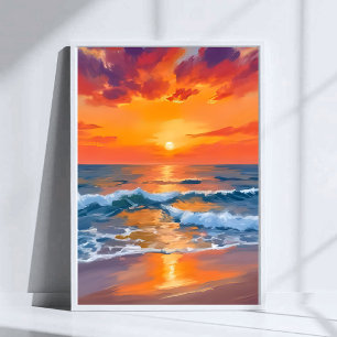 Gouden Uur Zonsondergang Oceaan Strand Schilderij Poster