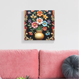 Gouden Vaas met een Levendig Boeket Canvas Afdruk