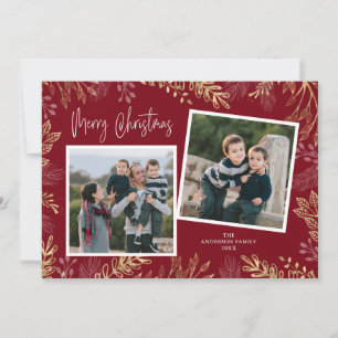 Gouden Vakantie Botanicals op Rood 2 Foto Kerstmis Feestdagenkaart